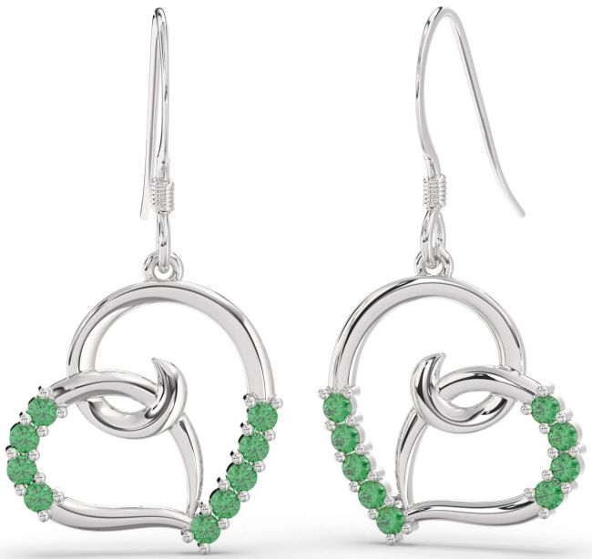 Emerald White Gold Heart Dangle Earrings