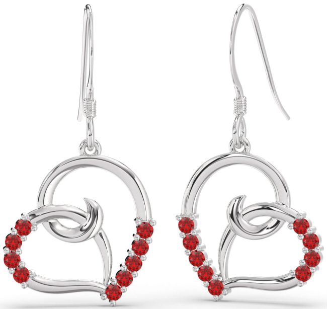 Ruby Silver Heart Dangle Earrings