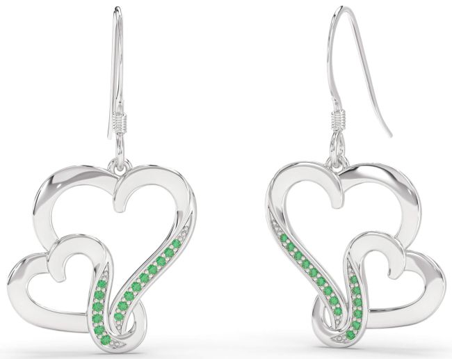 Emerald White Gold Heart Dangle Earrings