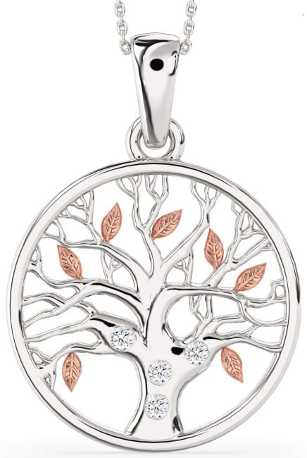 Large Diamond White Rose Gold Tree Of Life Round Necklace