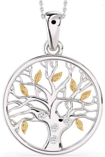 Large Diamond Platinum & Yellow Gold Tree Of Life Round Necklace