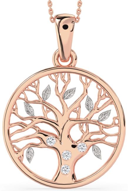 Large Diamond Rose Gold Silver Tree Of Life Round Necklace
