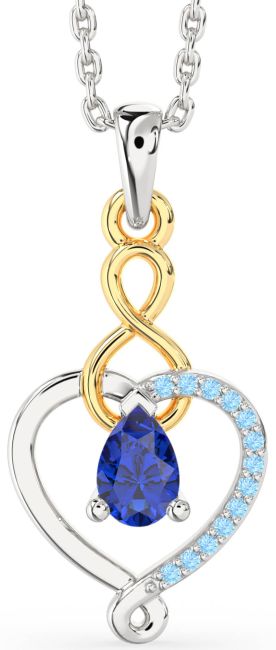 Blue Sapphire & Aquamarine White Yellow Gold Heart Infinity Necklace