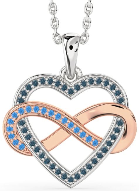 London Blue Topaz & Swiss Blue Topaz White Rose Gold Heart Infinity Necklace
