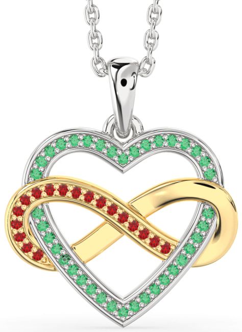 Emerald & Ruby Gold Silver Heart Infinity Necklace