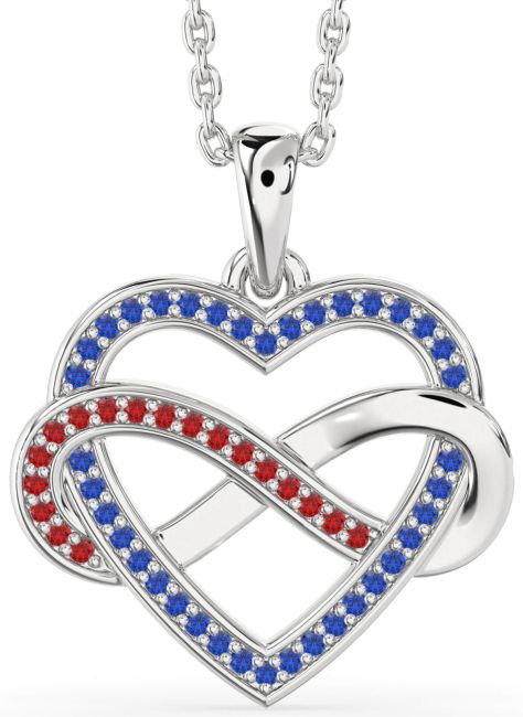 Blue Sapphire & Ruby Silver Heart Infinity Necklace