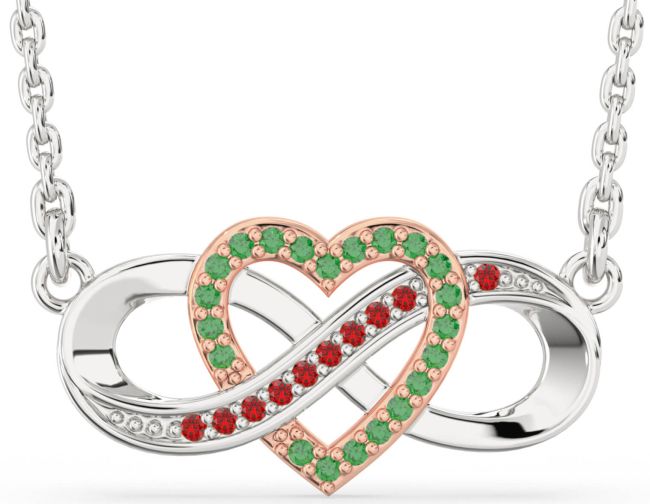 Emerald & Ruby Rose Gold Silver Infinity Heart Necklace