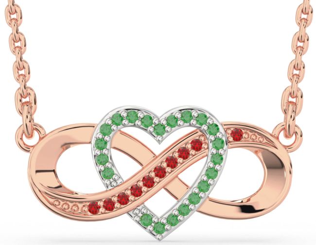 Emerald & Ruby Rose Gold Silver Infinity Heart Necklace