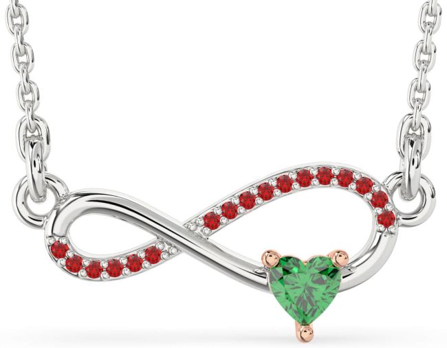 Emerald & Ruby Rose Gold Silver Infinity Heart Necklace