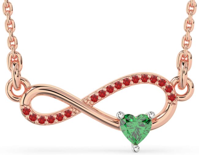 Emerald & Ruby Rose Gold Silver Infinity Heart Necklace