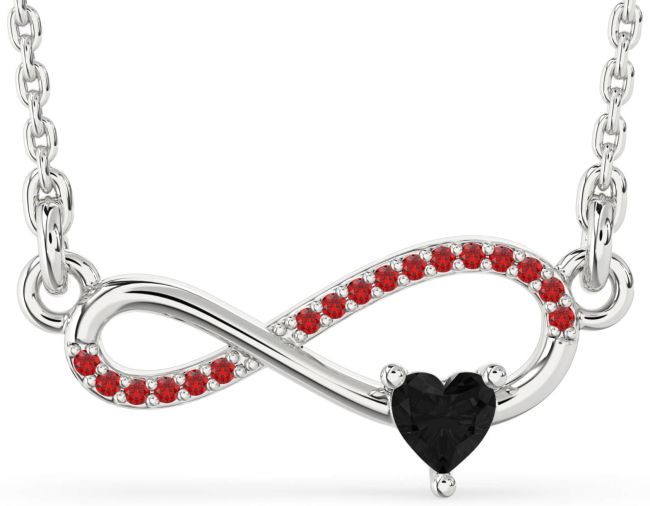 Black Diamond & Ruby Silver Infinity Heart Necklace