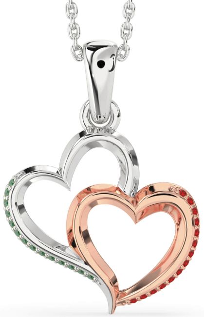 Emerald & Ruby Rose Gold Silver Heart Necklace