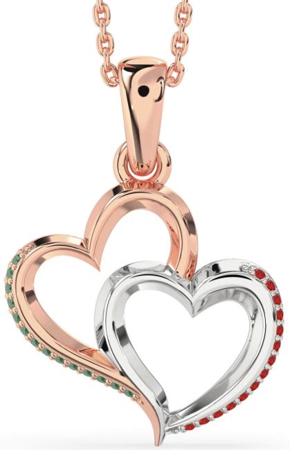 Emerald & Ruby Rose Gold Silver Heart Necklace