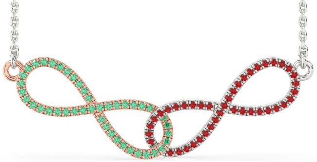 Large Emerald & Ruby Rose Gold Silver Infinity Interlock Necklace