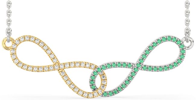 Large Emerald & Diamond Gold Silver Infinity Interlock Necklace
