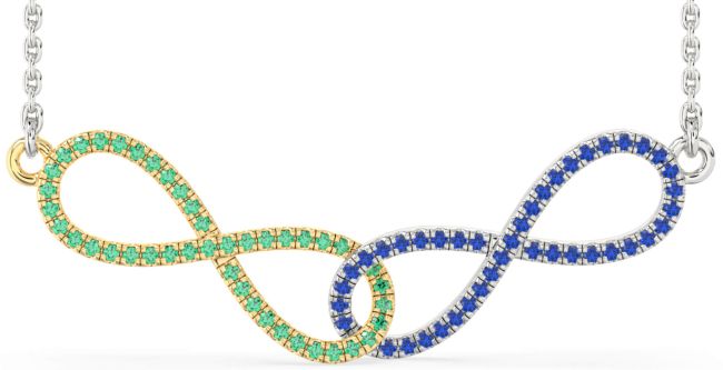 Large Emerald & Blue Sapphire White Yellow Gold Infinity Interlock Necklace