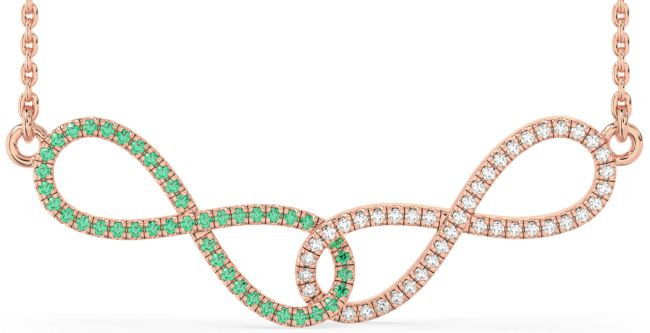 Large Diamond & Emerald Rose Gold Infinity Interlock Necklace