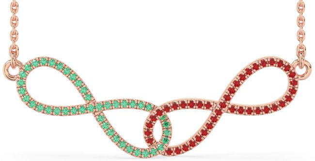Large Emerald & Ruby Rose Gold Infinity Interlock Necklace