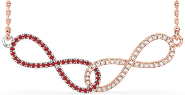 Large Diamond & Ruby Rose Gold Silver Infinity Interlock Necklace