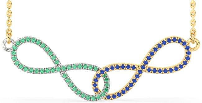 Large Emerald & Blue Sapphire Gold Silver Infinity Interlock Necklace