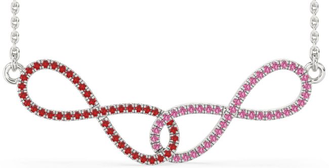 Large Ruby & Pink Sapphire Silver Infinity Interlock Necklace