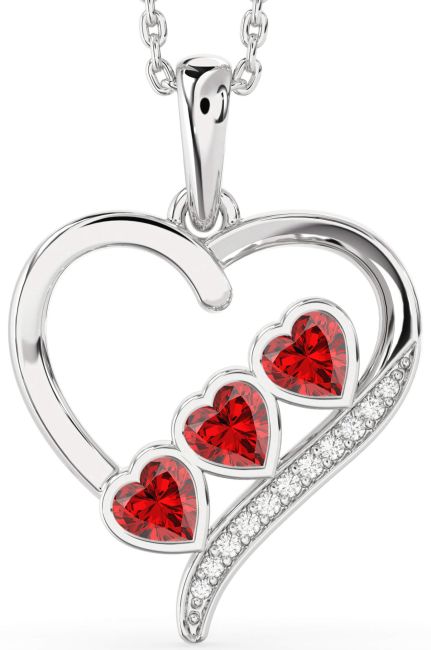 Diamond Ruby Silver Heart Birthstone Necklace