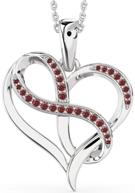 Large Garnet Silver Heart Infinity Necklace