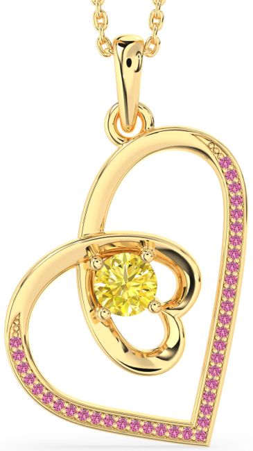 Yellow Diamond & Pink Sapphire Gold Heart Necklace