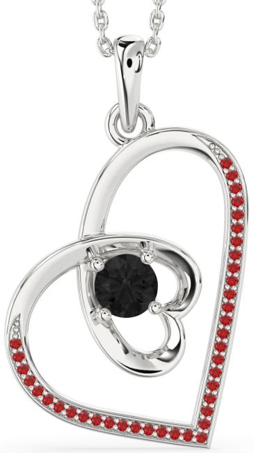 Black Diamond & Ruby Silver Heart Necklace