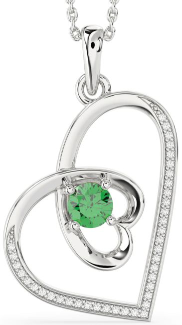 Diamond & Emerald Silver Heart Necklace