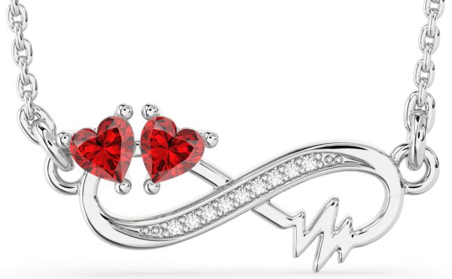 Diamond Ruby Silver Infinity Heart Birthstone Necklace