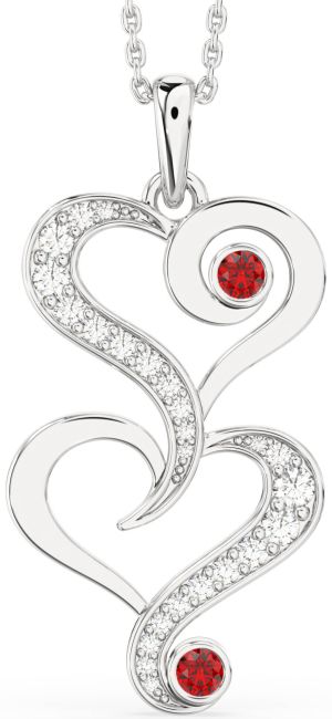 Large Diamond Ruby Silver Heart Birthstone Necklace