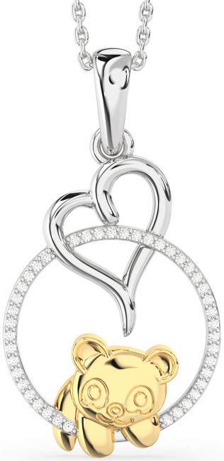 Diamond Silver & 10K gold Heart Circle Bear Necklace