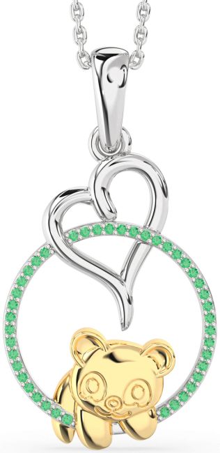 Emerald Gold Silver Heart Circle Bear Necklace