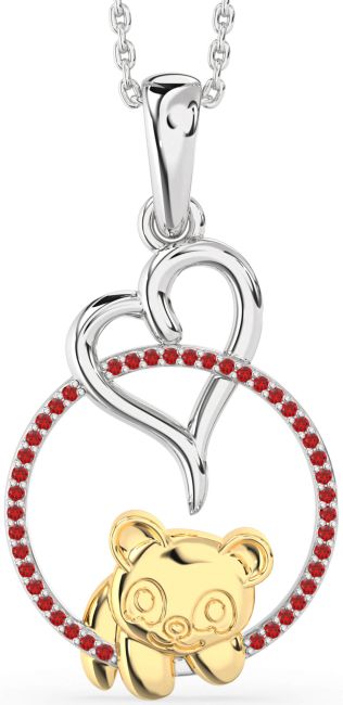 Ruby Gold Silver Heart Circle Bear Necklace
