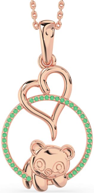 Emerald Rose Gold Heart Circle Bear Necklace