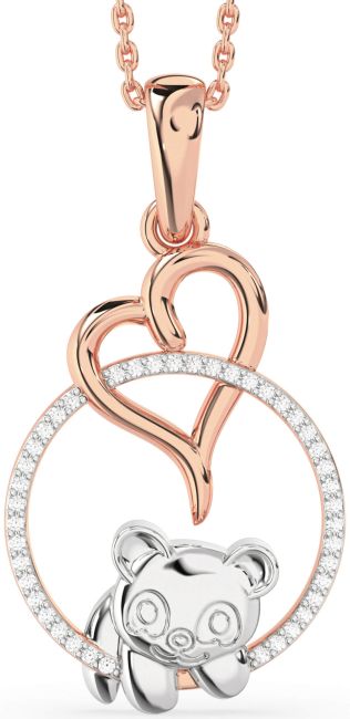 Diamond White Rose Gold Heart Circle Bear Necklace