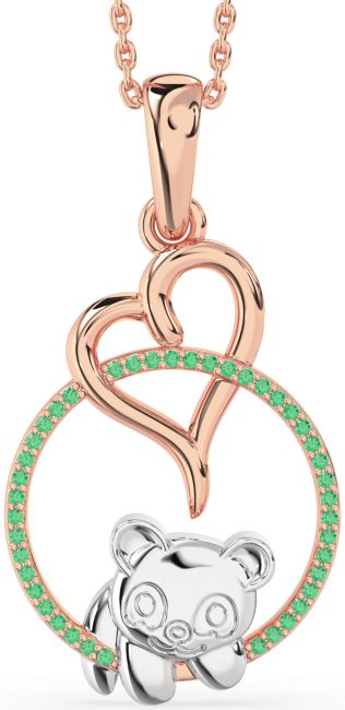Emerald Rose Gold Silver Heart Circle Bear Necklace