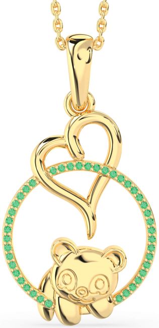 Emerald Gold Heart Circle Bear Necklace