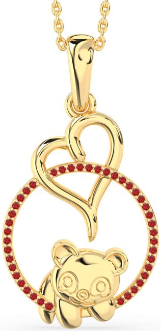 Ruby Gold Heart Circle Bear Necklace