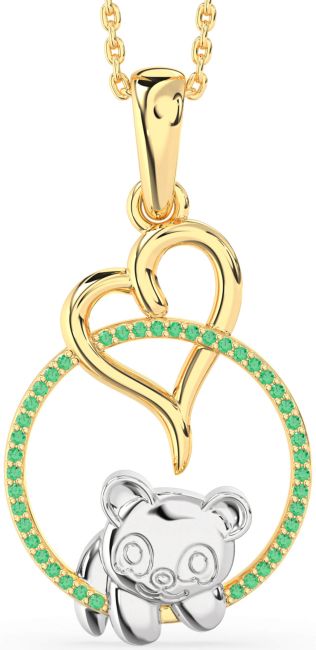 Emerald Gold Silver Heart Circle Bear Necklace