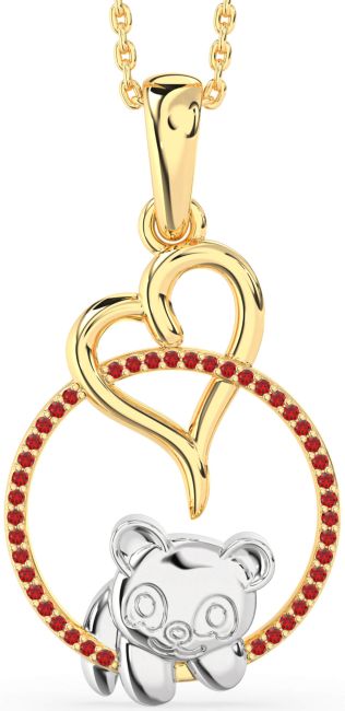 Ruby Gold Silver Heart Circle Bear Necklace
