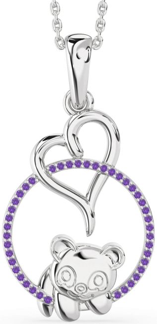 Amethyst Silver Heart Circle Bear Necklace