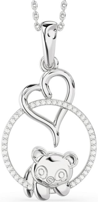 Lab Diamond Silver Heart Circle Bear Necklace