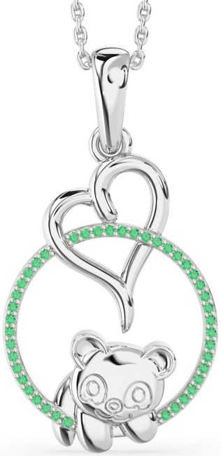 Emerald Silver Heart Circle Bear Necklace
