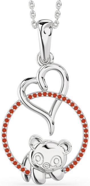 Fire Opal Silver Heart Circle Bear Necklace