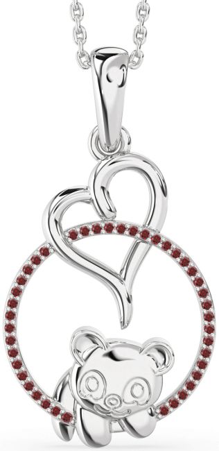 Garnet Silver Heart Circle Bear Necklace