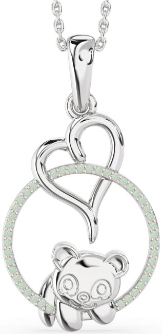 Opal Silver Heart Circle Bear Necklace