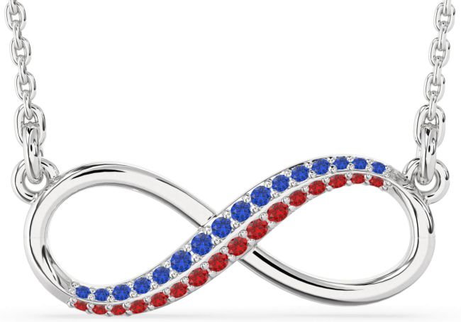 Large Blue Sapphire & Ruby Silver Infinity Necklace