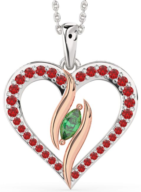 Large Emerald & Ruby Rose Gold Silver Heart Necklace